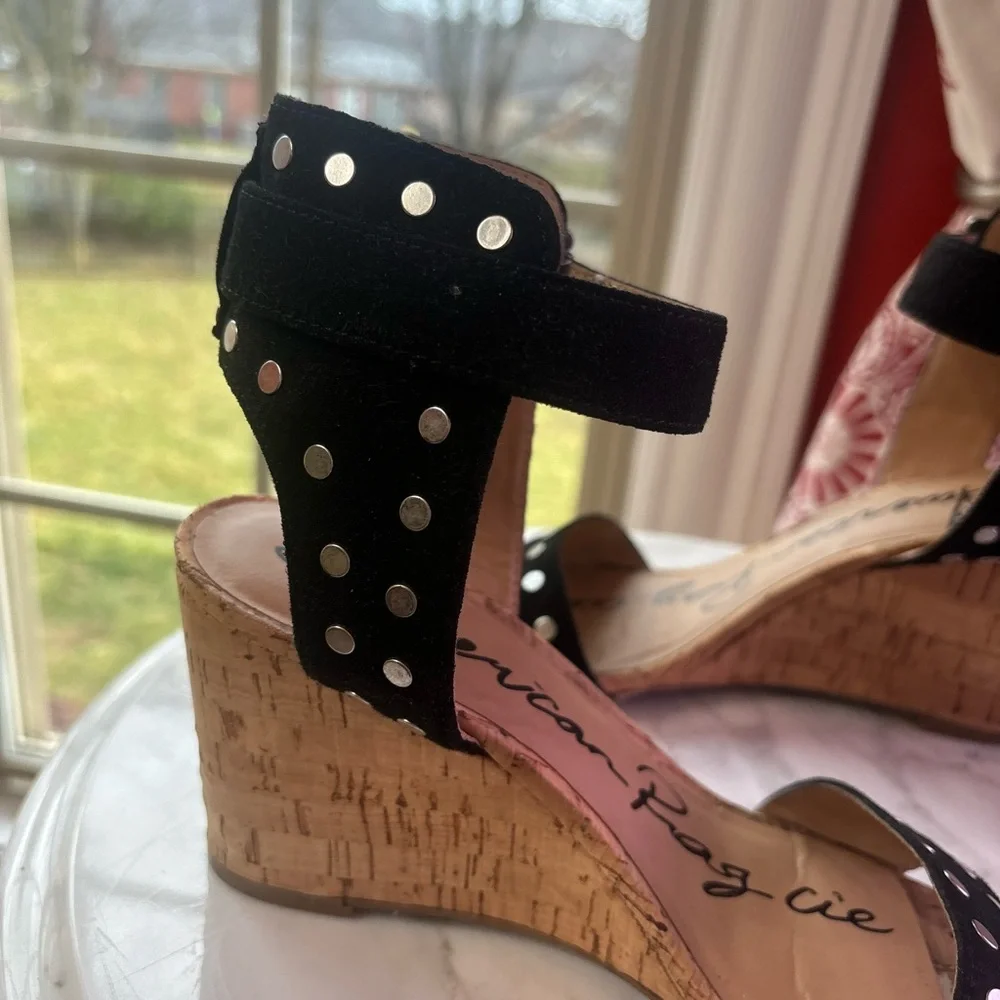 American Rag Black Studded Wedge Sandals Cork Heel Size 8